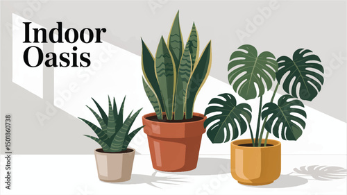 Vector illustration of potted indoor plants with tropical leaves in a sunlit room, featuring modern home greenery and decor

