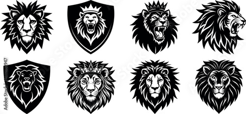 Collection of Majestic Lion Head Illustrations, Featuring Various Styles Including Roaring, Shield Logos, and Detailed Lion Portraits