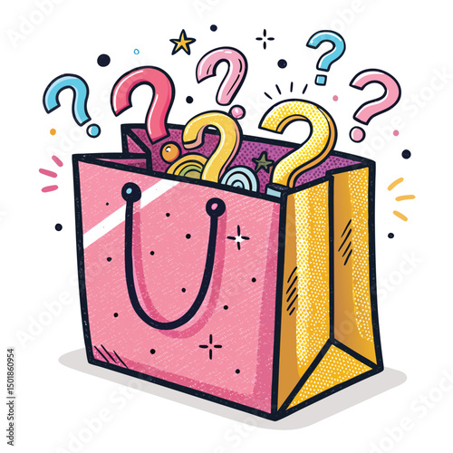 Illustrate a cute, kawaii shopping bag overflowing with playful, cartoonish question marks.  The bag should be brightly colored and feature adorable details.
