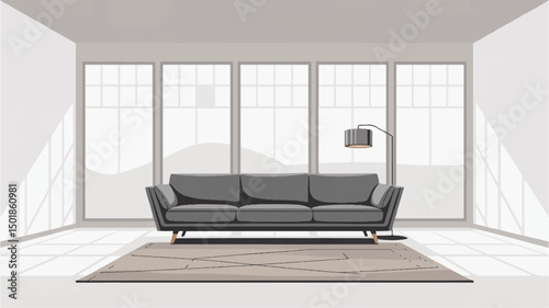 Minimalist modern living room with gray sofa, floor lamp, and large window, vector interior design concept

