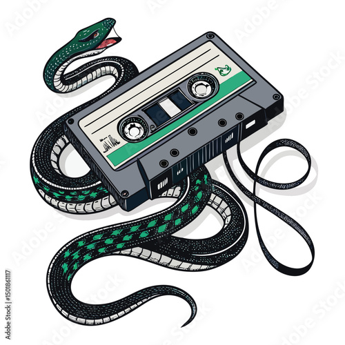 A stylish streetwear-clad figure's leg entangled with a cassette tape, itself intertwined with a realistically rendered snake.  Focus on urban grit and texture.