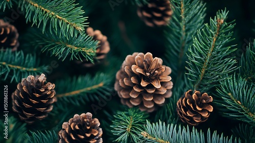 Close-up view of pine cones and evergreen branches.