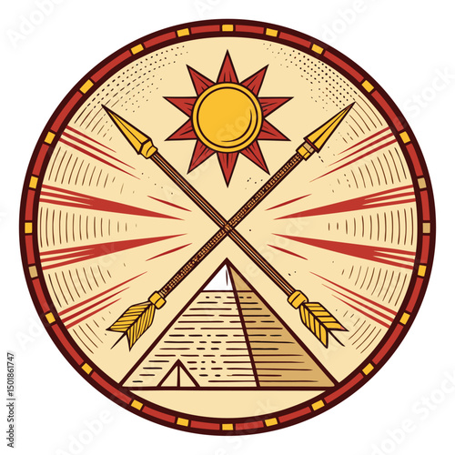 Design a circular emblem featuring a pyramid, sun disk, and cross, incorporating ancient Egyptian and Christian symbolism.  Aim for a balanced, aesthetically pleasing composition.