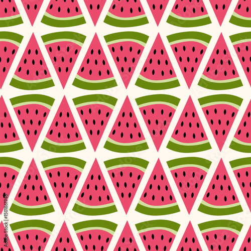 Seamless pattern of watermelon slices on a background with stripes. Design for mother’s day, spring and summer celebration, scrap booking, greeting card, seasonal invitation, textile, decoration.