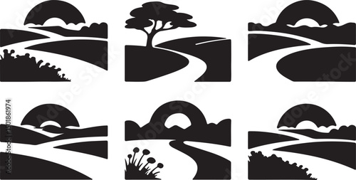 Set of black and white landscape silhouette illustrations with winding roads, hills, and sunsets, perfect for minimalist travel icons, outdoor-themed artwork, and scenic vector designs