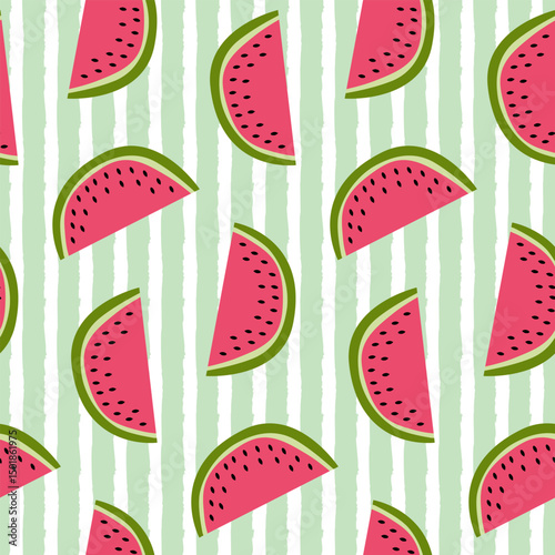 Seamless pattern of watermelon slices on a background with stripes. Design for mother’s day, spring and summer celebration, scrap booking, greeting card, seasonal invitation, textile, decoration.