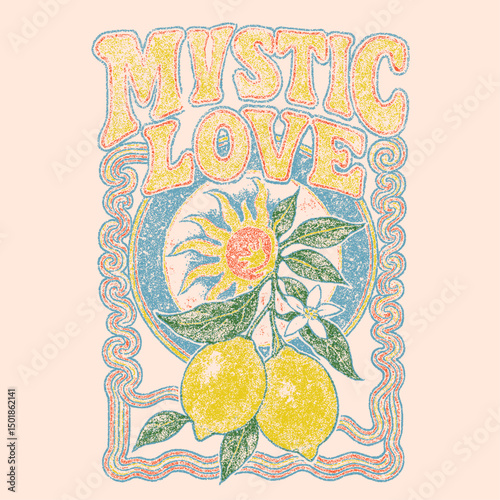 Mystic love vintage graphic. sun print with lemon. vintage retro mystic graphic. womens girls t-shirt design. lemon fruit prints. summer prints.