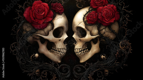 Fototapeta Naklejka Na Ścianę i Meble -  Two Skulls with Red Roses and Gothic Vines