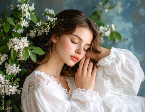 Romantic Woman Resting in Flower Garden