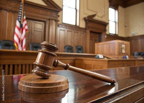 Powerful Close-Up of Judicial Gavel Striking Sound Block in Wood-Finished Courtroom with Blurred Bench and US Flag in Background Conveying Justice Authority Legal Decision and Court Trial Atmosphere!! photo