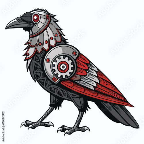A steampunk raven, meticulously crafted from polished metal, boasts intricate gearwork within its body and feather-like components.  Detailed close-up.