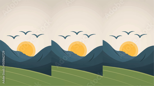 Stylized vector landscape illustration with sunrise over mountains, birds in flight, and rolling green hills, ideal for nature-themed designs, minimalist backgrounds, and scenic travel artwork

