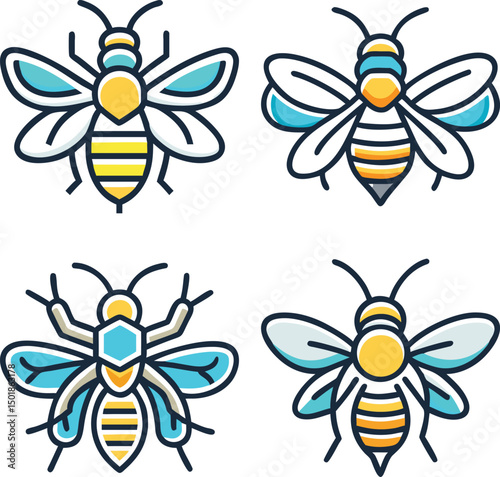 Collection of four stylized honey bee illustrations with bold outlines and soft colors