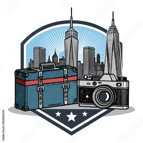 Design a vibrant emblem for a city escape holiday, featuring a stylized city skyline and luggage, conveying adventure and relaxation.