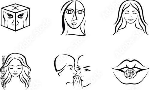 Stylized facial expressions and portrayals in black and white line art vector