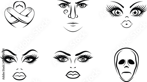Set of minimalist line art faces and masquerade mask icons vector illustration