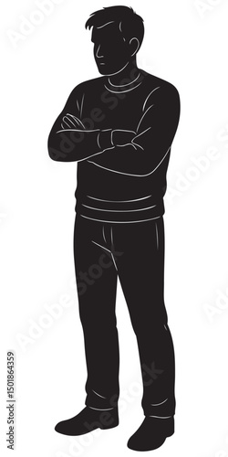 Silhouette of man standing with arms crossed illustration in black and white casual wear style