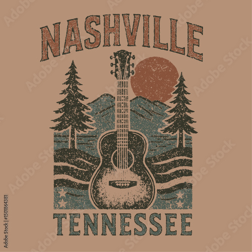Nashville tennessee in USA. vintage t-shirt design. adventure mountain graphics . music city in nashville. guitter in tee graphics. mountain sunset graphics. autumn winter t-shirt design.