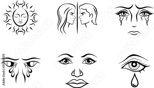 Abstract faces and eyes in black and white line art vector