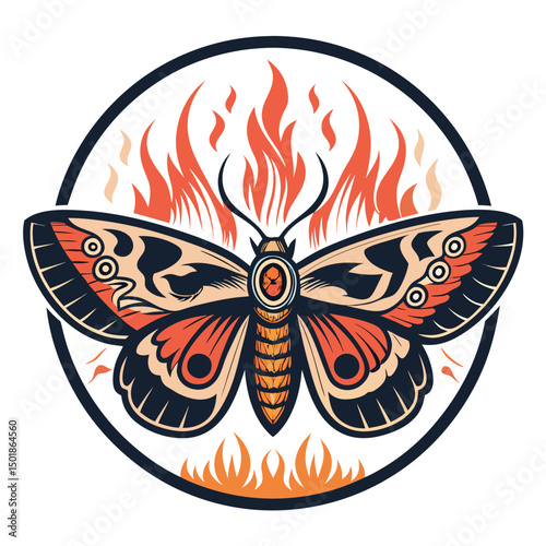A moth, wings ablaze, adorned with intricate tribal tattoos, framed artistically.  Focus on fiery wing detail and tattoo design.