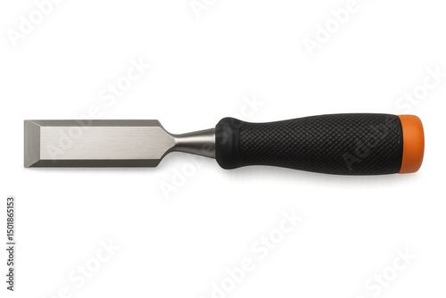 Sharp wood chisel lying isolated on clean background, highlighting metallic blade and wooden handle for professional woodworking precision