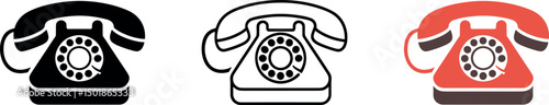 Vintage Rotary Telephone Icon Set Black Outline and Red Vector Illustrations