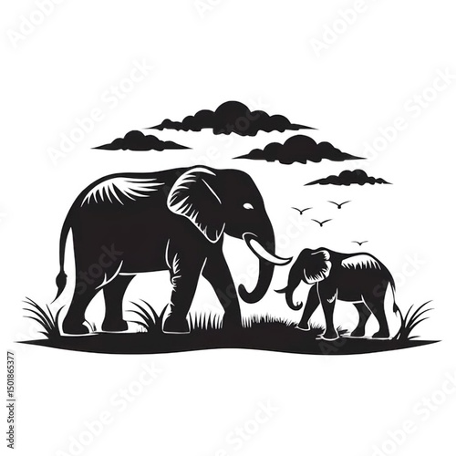 black and white silhouettes of elephants