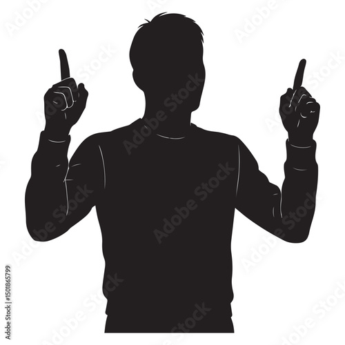 Black silhouette of man pointing fingers upwards for attention or making a point illustration