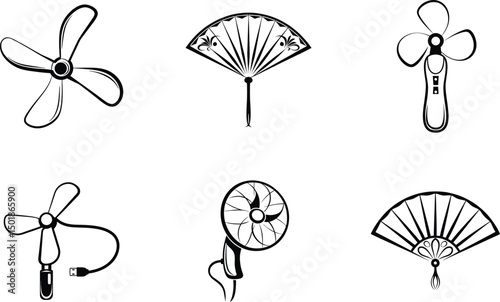 Collection of stylized fan illustrations including folding hand fans and electric fans