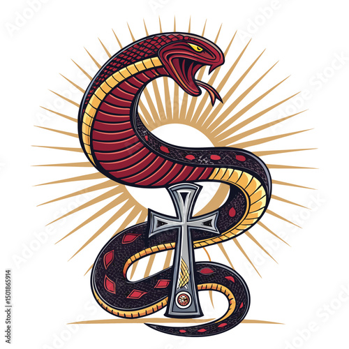 A majestic cobra, intricately coiled around an ankh, bathed in the golden glow of radiant sun rays.  High detail, vibrant colors.
