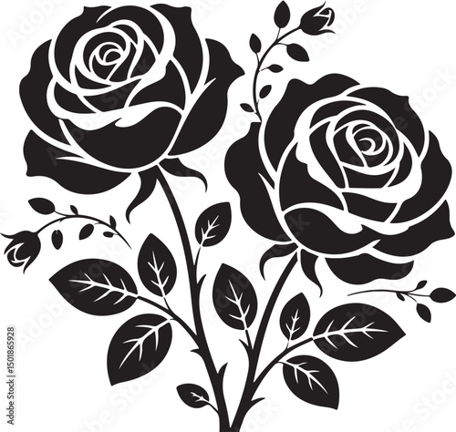 Black silhouette illustration of two blooming roses with leaves and buds in a bold floral vector style, perfect for tattoo designs, stencil art, romantic decor, and botanical graphic elements