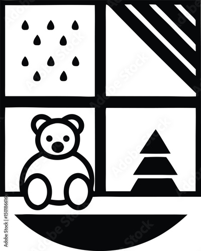 Black silhouette design depicting a soft well worn teddy bear resting quietly
