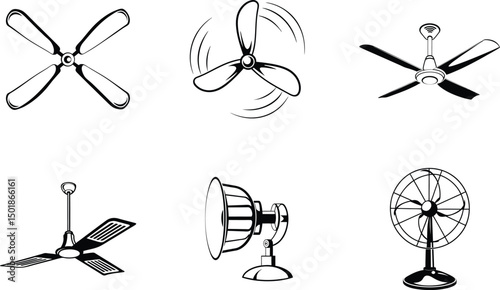 Collection of fan vector illustrations in black and white depicting ceiling and table fans