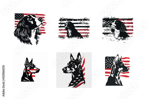 Patriotic dog portraits american flag background