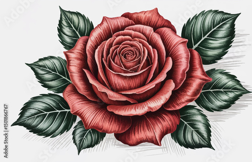 Realistic vintage-style illustration of a single red rose in full bloom with green leaves and fine detailing, ideal for romantic artwork, botanical prints, greeting cards, and floral designs

