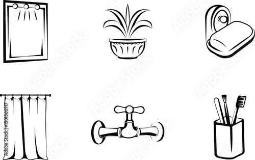 Bathroom fixtures and accessories black and white vector illustration elements set