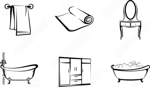Bathroom furniture icons vector set with bathtub wardrobe mirror and towel