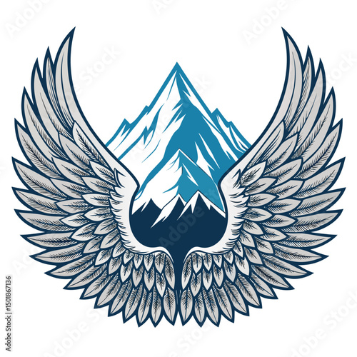 Ethereal skeletal bird wings encircle a majestic snow-capped mountain peak at sunset; dramatic lighting, detailed bone structure.