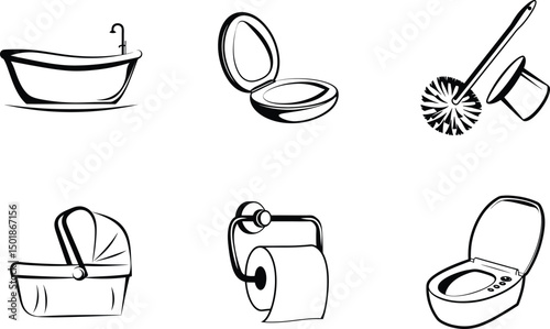 Bathroom and nursery black outline icons vector illustration line art