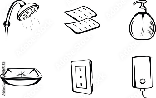 Bathroom accessories vector illustration shower soap dispenser towels sink outlet and water heater
