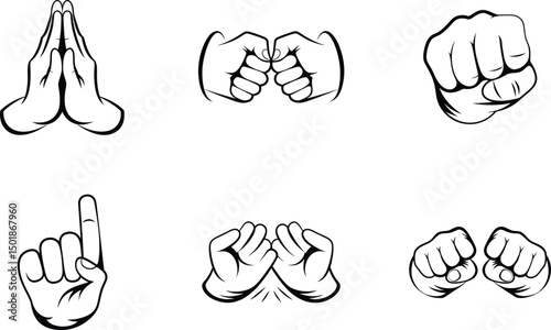 Hand gesture vector set black and white line art illustration collection