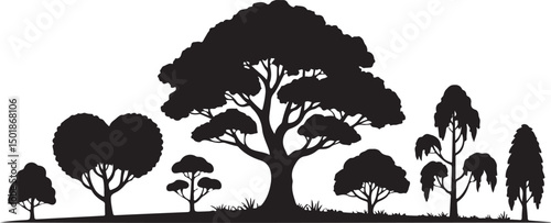 Silhouette vector illustration of diverse artistic tree shapes including heart-shaped and drooping trees in black and white, ideal for creative nature graphics and decorative landscape designs
