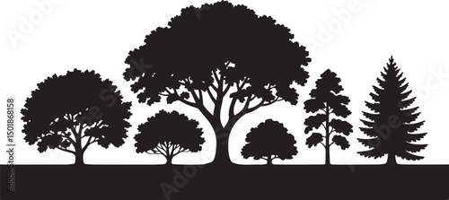 Silhouette illustration of assorted tree species including oak, pine, and shrubs in black and white, perfect for forest scenery, environmental art, and nature-themed vector graphics