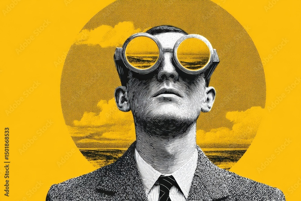 Fototapeta premium Surreal Businessman with Binoculars and Yellow Circle Background