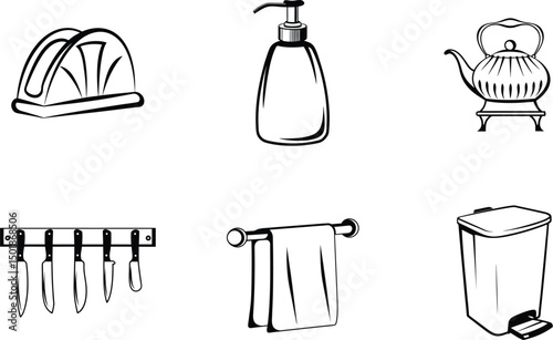 Black and white vector illustration of kitchen and bathroom utensils and accessories