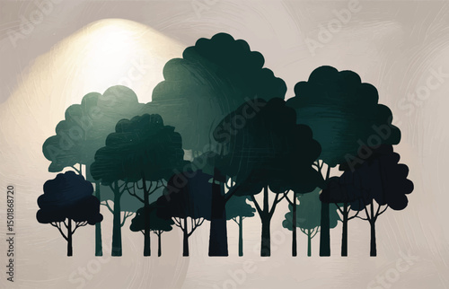Stylized forest silhouette illustration with layered dark green trees and soft sunlight in textured background, ideal for nature scenes, landscape art, and eco-friendly poster designs
