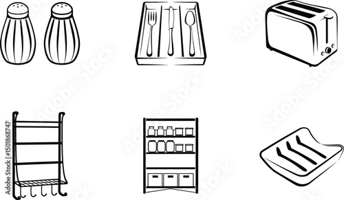 Simple line art kitchen utensils collection isolated on white background vector illustration