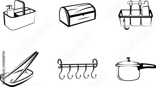 Black and white line art illustration featuring kitchen and home organization essentials