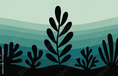 Stylized silhouette landscape illustration of abstract botanical plants and foliage with layered green hills in vector design, perfect for nature backgrounds and eco- friendly themed artwork