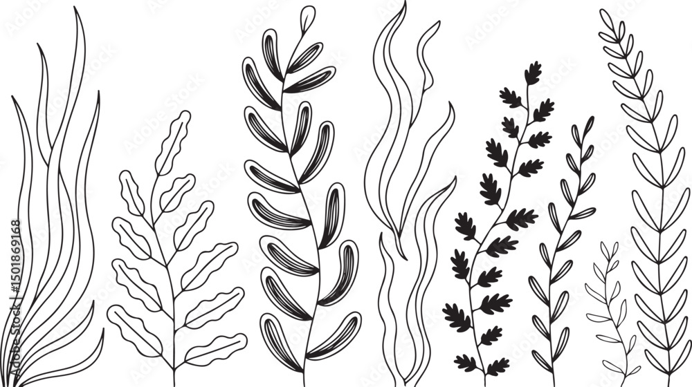 Fototapeta premium Black and white illustration of various leaves and plant stems, perfect for botanical, nature, and organic design themes.